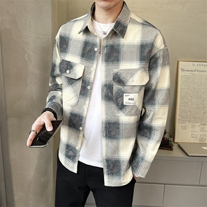 春季新款复古格子衬衫男长袖宽松休闲衬衣外套潮C3366-P88图片