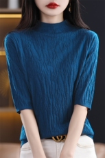 夏季新品100羊毛衫半高领五分袖针织衫女圆领短款高级感打底衫潮，女装T恤，暖娇绒包芯纱店
