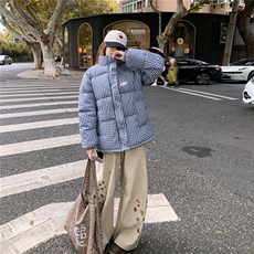 刺绣款蓝色格子羽绒棉衣棉服冬新款宽松面包服加厚外套TT8813P80，男装棉衣，星座1013-5