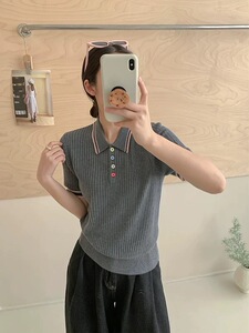 韩系学院风精纺羊毛Polo领正肩减龄短袖图片