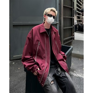 美式高街翻领拉链夹克男春秋季纯色潮牌宽松休闲外套J2319/P68图片