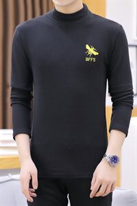 冬季半高领双面绒刺绣蜜蜂卫衣男加绒加厚保暖打底衫长袖黑330P28图片