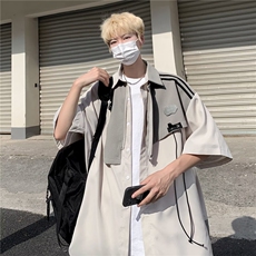 衬衫拼接原宿潮流标准新款男潮简约五分袖夏季W1266-P40，男装衬衫，星座1109-3