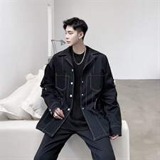 新款秋冬明线装饰腰抽绳口袋韩版翻领中长外套男A345-161-P115，女装短外套，电商A345