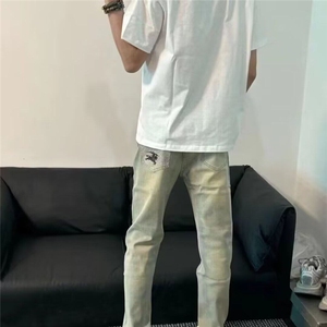 网红新款修身牛仔裤男韩版水洗黄泥做旧小直筒小脚社会长青年裤子图片