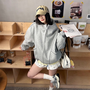 抖音得物高品质秋冬美式高街重磅结构辑明线纹理连帽卫衣外套W111图片