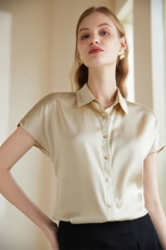 丝光尖领蝙蝠型H宽松版型气质休闲短袖衬衫，女装衬衫，澳冬特羊绒