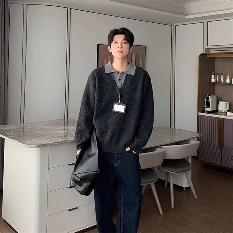 网图假两件翻领毛衣老钱风polo领内搭打底针织衫A025-CM15162-P58,男装T恤,电商A025