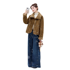 2025冬季高端加厚保暖外套时尚皮毛一体女装休闲显瘦立领，女装皮衣，自然秀