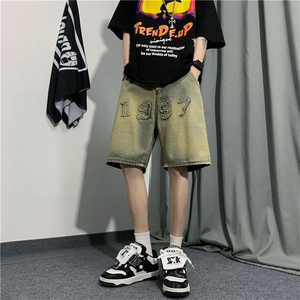 水洗做旧牛仔短裤男夏季阔腿休闲复古潮牌五分裤美式高街痞帅裤子图片