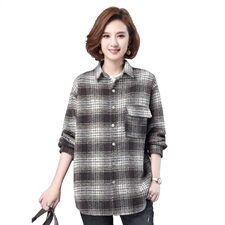 2021春秋季新款女装大码宽松加厚格子长袖衬衫中长款休闲衬衣上衣，女装衬衫，伊满意