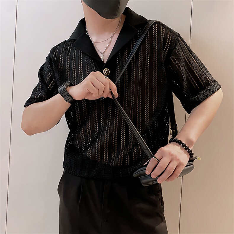 8951/P48控68夏季小伙痞帅镂空薄款V领透气t恤短袖男款上衣黑首2图片