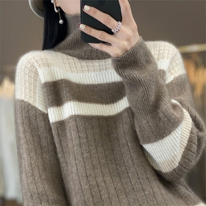 秋冬新款羊毛衫女半高领拼色加厚毛衣宽松羊绒衫针织打底衫图片