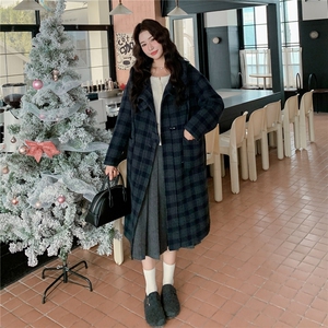 深蓝色复古格纹双面呢连帽大衣女2025冬学院风宽松休闲中长款外套图片