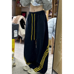 三条杠条纹撞色阔腿弯刀裤子男女春设计感宽松运动卫裤 KB883图片