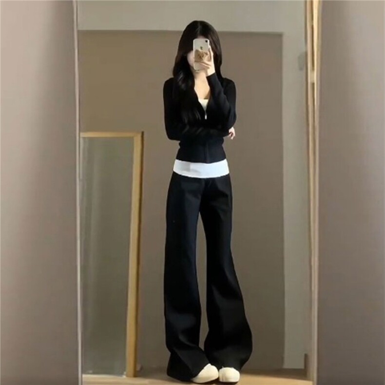 韩版时尚修身显瘦套装女秋款连帽开衫外套内搭背心阔腿长裤三件套，女装套装/套裙，江南