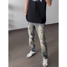 秋季新款复古五角星印花牛仔裤男修身直筒个性做旧破洞休闲长裤子，男装牛仔裤，星座506A