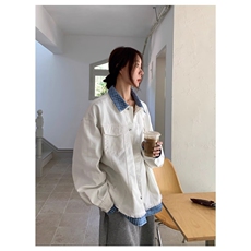秋冬季新款蓝白格子撞色翻领假两件刺绣宽松休闲夹克女外套，男装夹克，星座506A