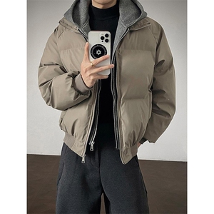 现货高品质重磅工艺美式高街假两件PU皮棉衣男女加厚棉服外套图片