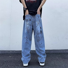 设计感涂鸦牛仔裤男夏季美式复古直筒拖地裤潮牌宽松阔腿裤子，男装牛仔裤，四季星座218-1