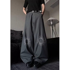 设计高级感刺绣灰色休闲西裤男女弧形垂感阔腿弯刀长裤子K344，男装西裤，星座1116A（原606A-3）
