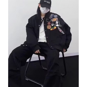 徽章刺绣棒球服外套男女学生春秋百搭潮牌黑色立领夹克KA4130