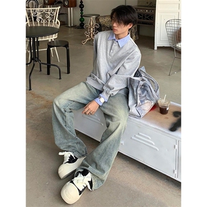 抖音得物高品质26春装美式高街假两件衬衫领长袖卫衣POLO领打底衫图片
