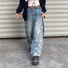 个性小众复古五角星印花牛仔裤男宽松直筒垂坠感阔腿拖地裤，男装牛仔裤，星座410-7