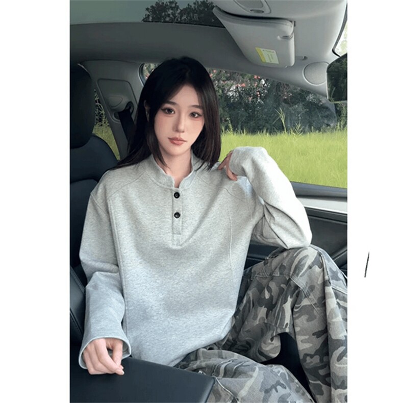 抖音得物品质美式高街重磅曼巴棉拼接cleanfit亨利领卫衣长袖T恤,男装T恤,电商A486-1