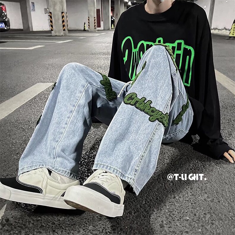 潮直筒裤牛仔裤男街头hiphop高街vibe洗水阔腿裤嘻哈K1061-P52,男装牛仔裤,星座412-3