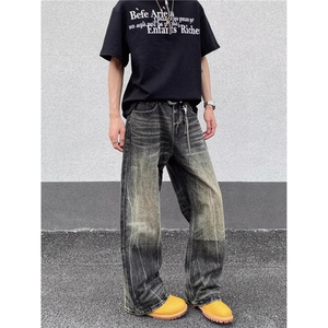 水洗黑色泥染做旧闪电阔腿直筒牛仔裤男女复古高街宽松裤子图片