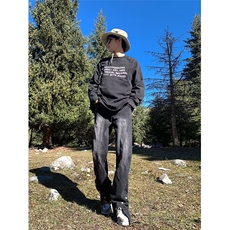 高街牛仔裤男春秋季设计感小众排扣微喇裤水洗复古直筒阔腿长裤，男装牛仔裤，星座601-2