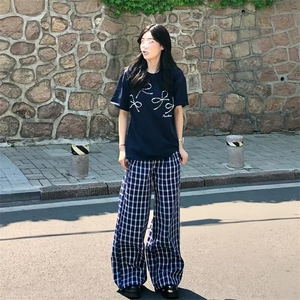 小众设计感珍珠蝴蝶结钉珠短袖T恤女夏oversize宽松潮情侣上衣图片