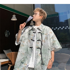 新中式男女痞帅高级感衬衣潮盘扣复古短袖衬衫，男装衬衫，星座201-2