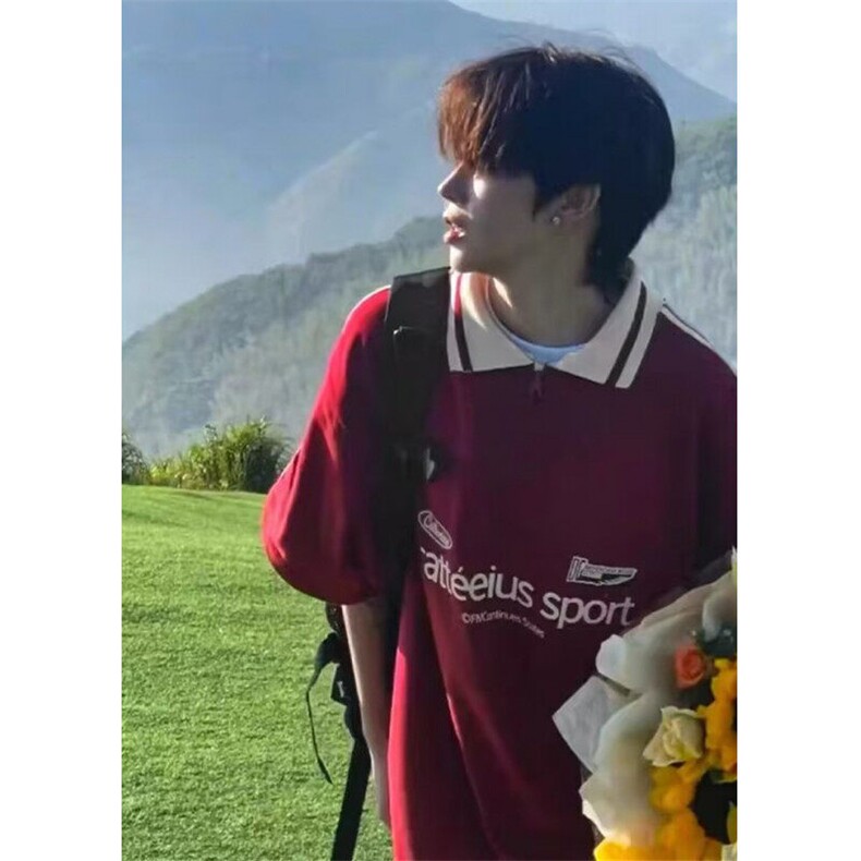 条纹polo领短袖t恤男女夏季新款宽松设计感小众半拉链上衣T28,男装Polo衫,星座1116A（原606A-3）