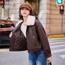 高级感皮面棉服女2025冬季新款保暖毛领羽绒棉PU皮衣短外套上衣，女装皮衣，美拉德工厂直营店