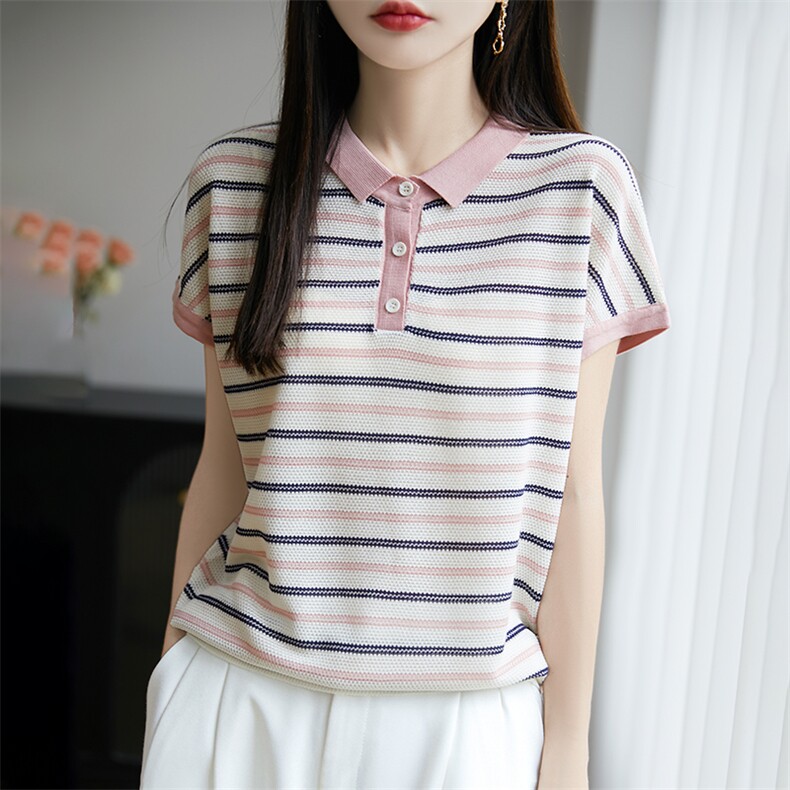 夏季薄款条纹针织衫短袖女2025新款翻领大码百搭T恤宽松小衫上衣,针织衫/毛衣,郡淞羊绒