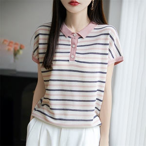 夏季薄款条纹针织衫短袖女2025新款翻领大码百搭T恤宽松小衫上衣图片