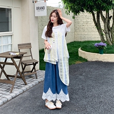 奶乎乎小个子吊带镂空罩衫牛仔阔腿裤套装女2025夏新款休闲两件套，女装套装/套裙，2C285