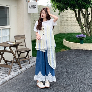 奶乎乎小个子吊带镂空罩衫牛仔阔腿裤套装女2025夏新款休闲两件套图片