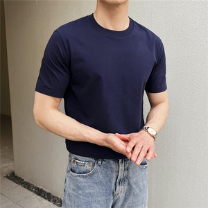 男士夏英伦液氨棉冰爽免烫纯色短袖T恤打底衫圆领图片