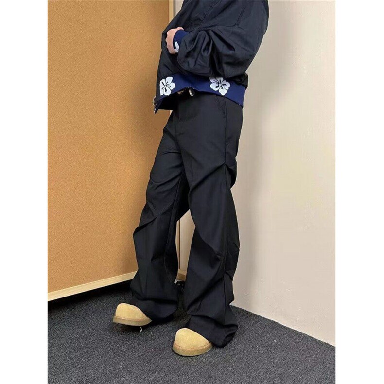 美式小众褶皱微喇休闲裤设计感痞帅炸街垂坠感黑色西裤男XC628,男装休闲裤,星座1116A（原606A-3）