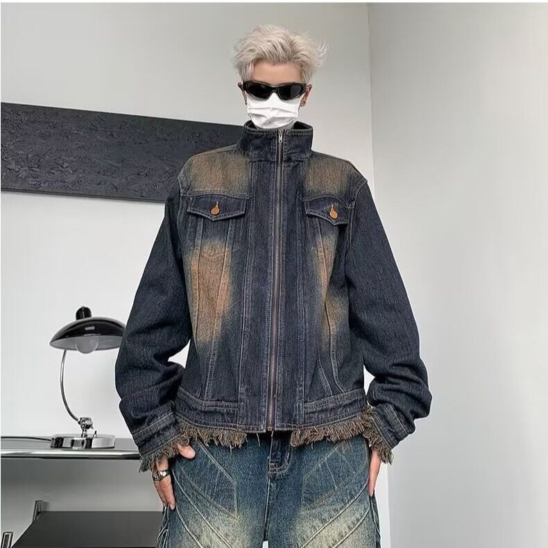 美式复古vintage牛仔外套男款高级感炸街牛仔衬衣翻领工装夹克秋,男装夹克,星座506A
