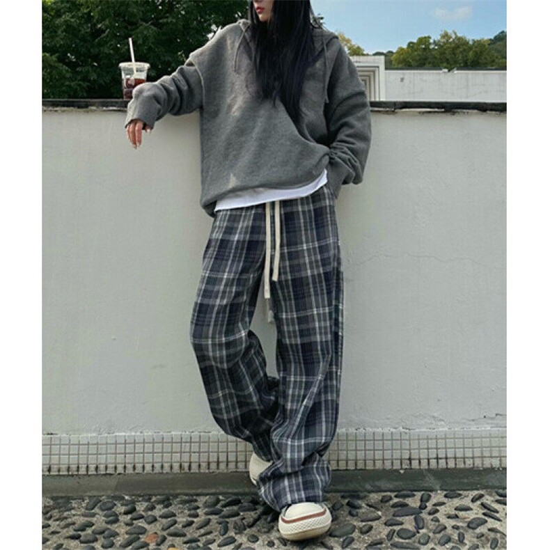 格子休闲裤男秋季宽松直筒裤子男生百搭复古阔腿长裤KX1543,男装休闲裤,星座1116A（原606A-3）