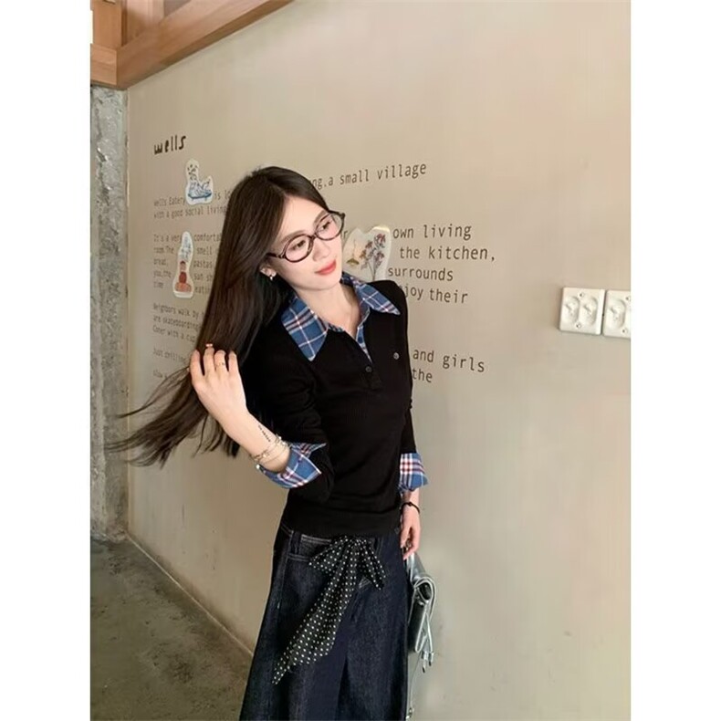 假两件格子纹拼接polo领长袖t恤女春秋修身打底衫设计感小众上衣,男装T恤,星座1210-1