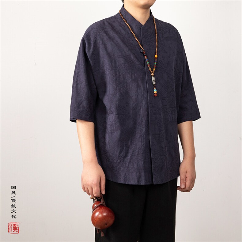 风男装棉麻提花汉服领男士提花五分袖衬衣C27P70,男装衬衫,钱塘802