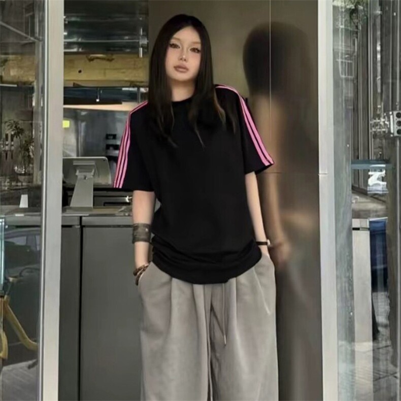 抖音得物品质二开240克宽松纯棉美式潮牌印花三条杠中性风短袖T恤,男装T恤,电商A486