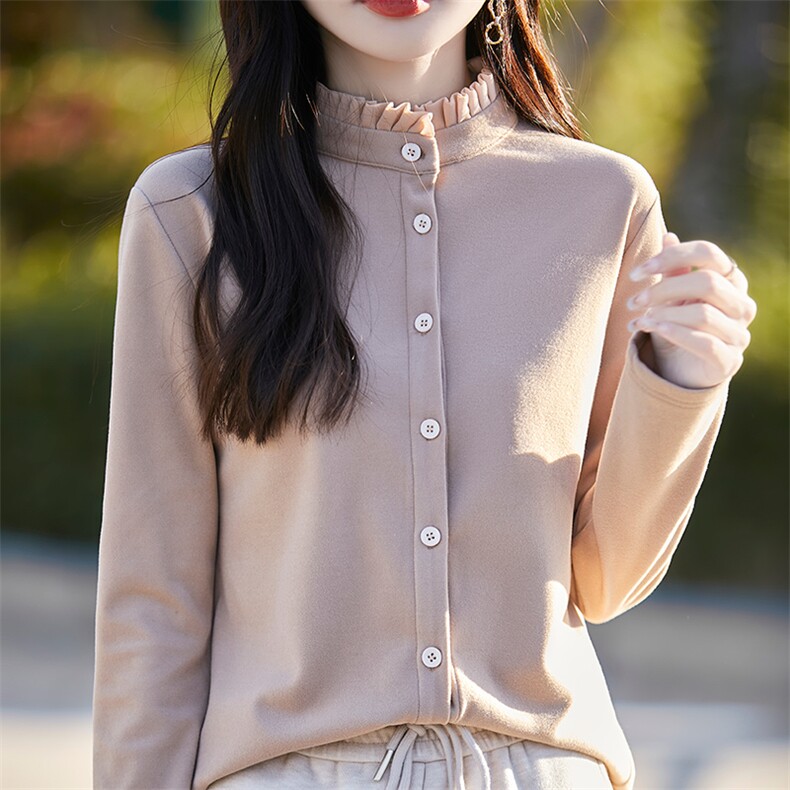 双面磨毛木耳领打底衬衣女2024秋冬加厚保暖叠穿内搭绒衣衬衫上衣,针织衫/毛衣,佳绒高端店