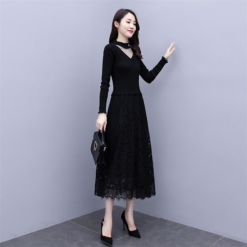 2023秋季长袖长裙蕾丝拼接纱网纯色通勤圆领淑女连衣裙，女装连衣裙，安之芮娜