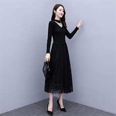 2023秋季长袖长裙蕾丝拼接纱网纯色通勤圆领淑女连衣裙，女装连衣裙，安之芮娜